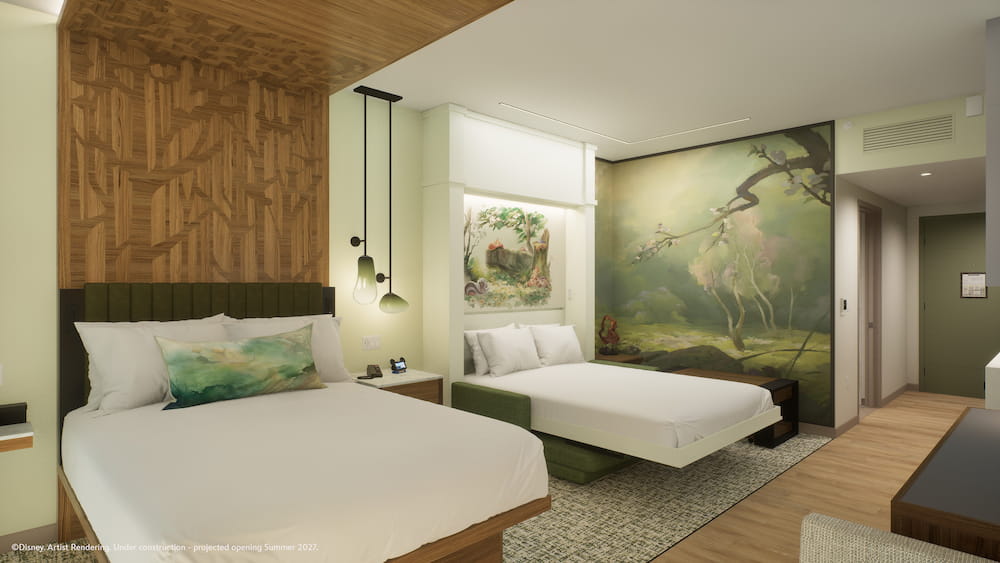 Arte conceitual dos quartos e cabanas que estarão disponíveis para hóspedes a partir de 2027 no Disney Lakeshore Lodge, novo hotel de luxo de Walt Disney World