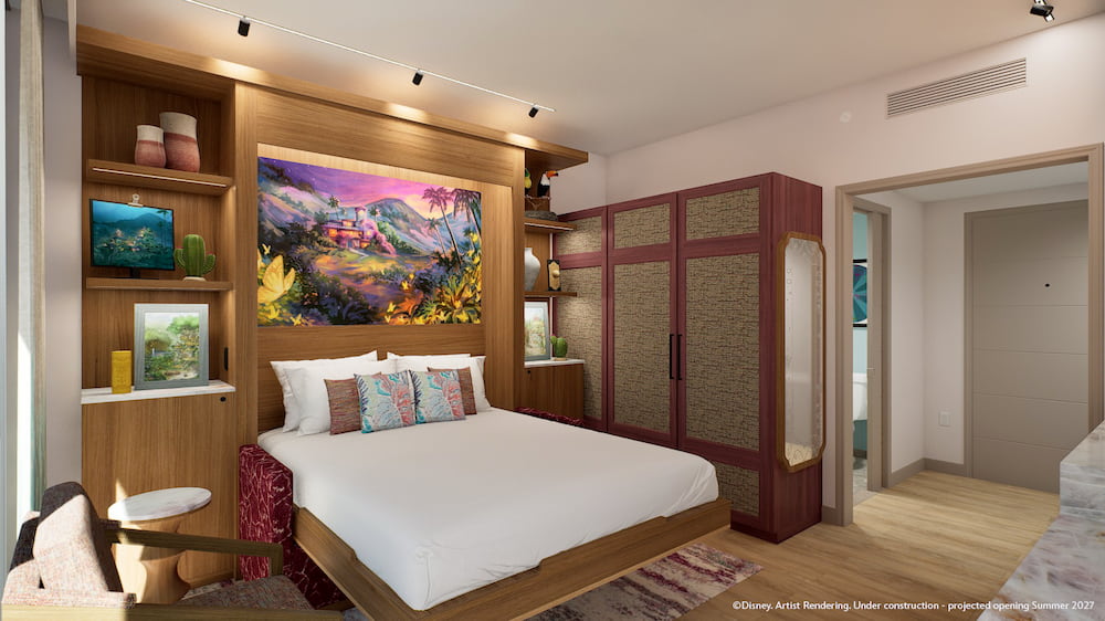 Arte conceitual dos quartos e cabanas que estarão disponíveis para hóspedes a partir de 2027 no Disney Lakeshore Lodge, novo hotel de luxo de Walt Disney World