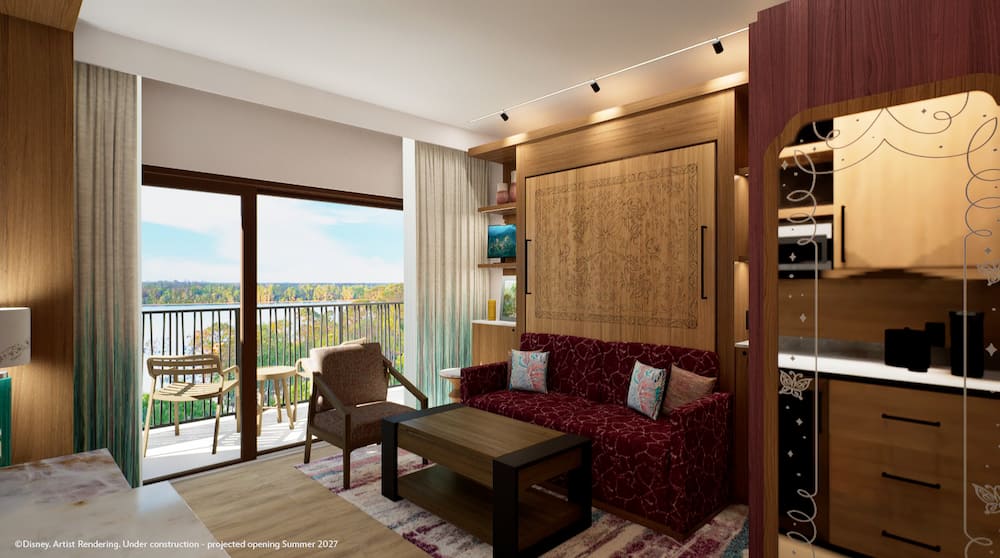 Arte conceitual dos quartos e cabanas que estarão disponíveis para hóspedes a partir de 2027 no Disney Lakeshore Lodge, novo hotel de luxo de Walt Disney World