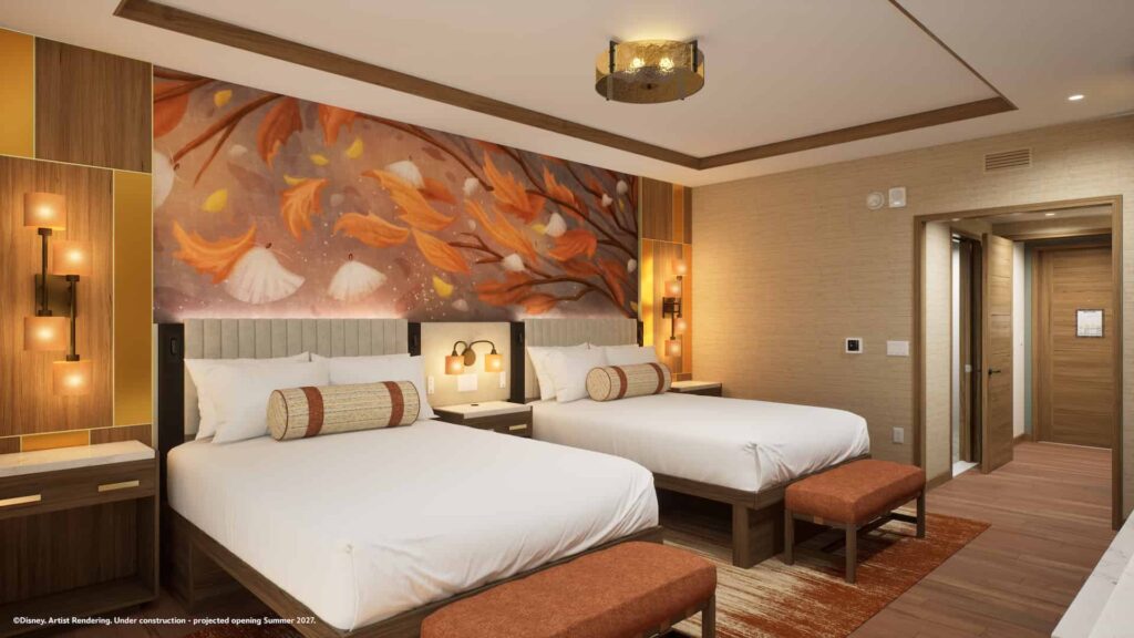 Arte conceitual dos quartos e cabanas que estarão disponíveis para hóspedes a partir de 2027 no Disney Lakeshore Lodge, novo hotel de luxo de Walt Disney World