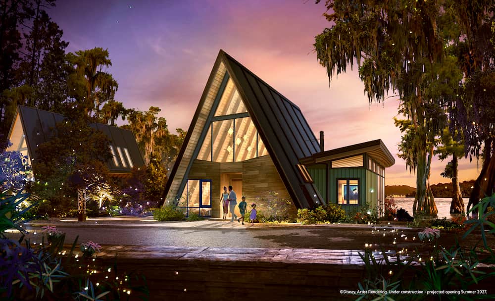 Arte conceitual dos quartos e cabanas que estarão disponíveis para hóspedes a partir de 2027 no Disney Lakeshore Lodge, novo hotel de luxo de Walt Disney World