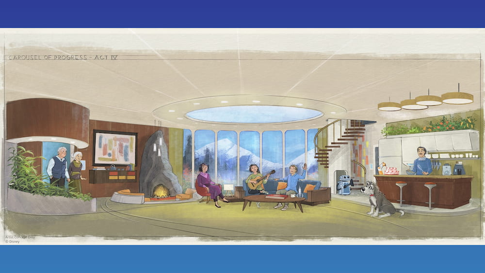 Arte conceitual do novo projeto reimaginado da atração Carousel of Progress