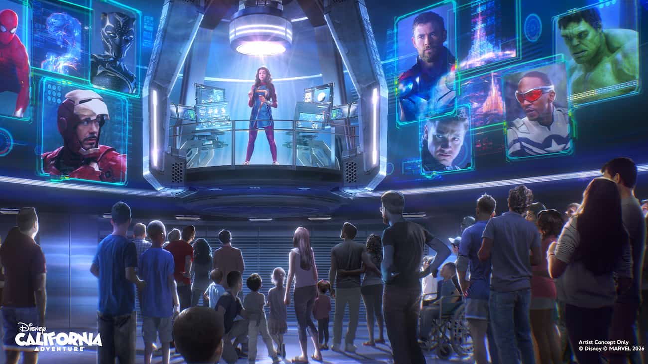 Arte conceitual da nova atração dos Vingadores na Disneyland Califórnia