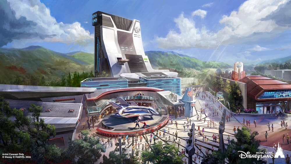 Arte conceitual de como será a área dos Avengers na Disneyland Hong Kong