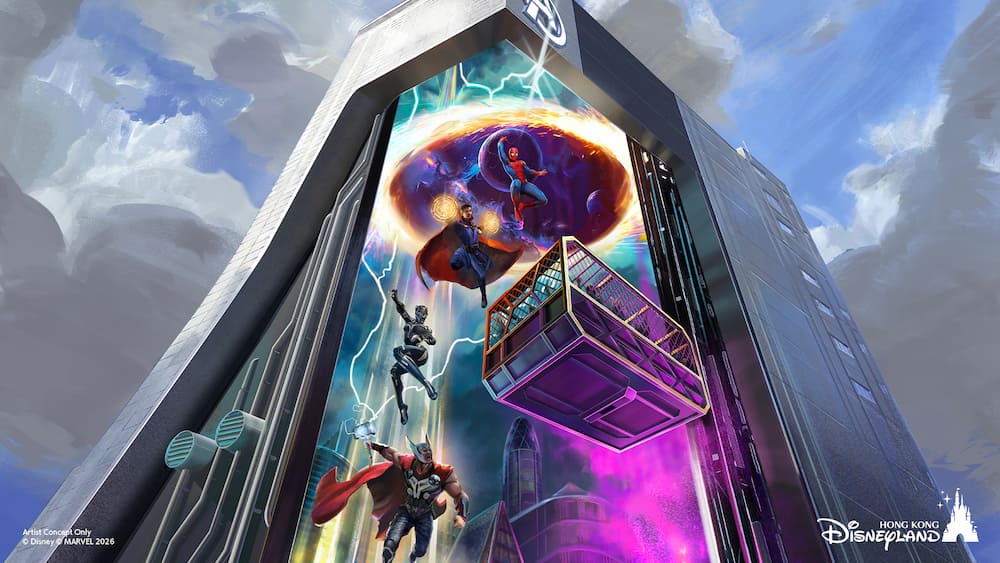 Arte conceitual de como será o interior da nova atração dos Vingadores na Disneyland Hong Kong