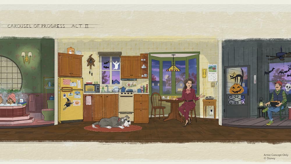 Arte conceitual do novo projeto reimaginado da atração Carousel of Progress