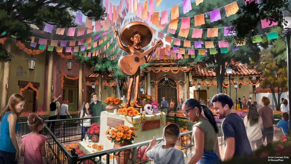 Arte conceitual de como será a fila da nova futura atração de Coco na Disneyland Califórnia