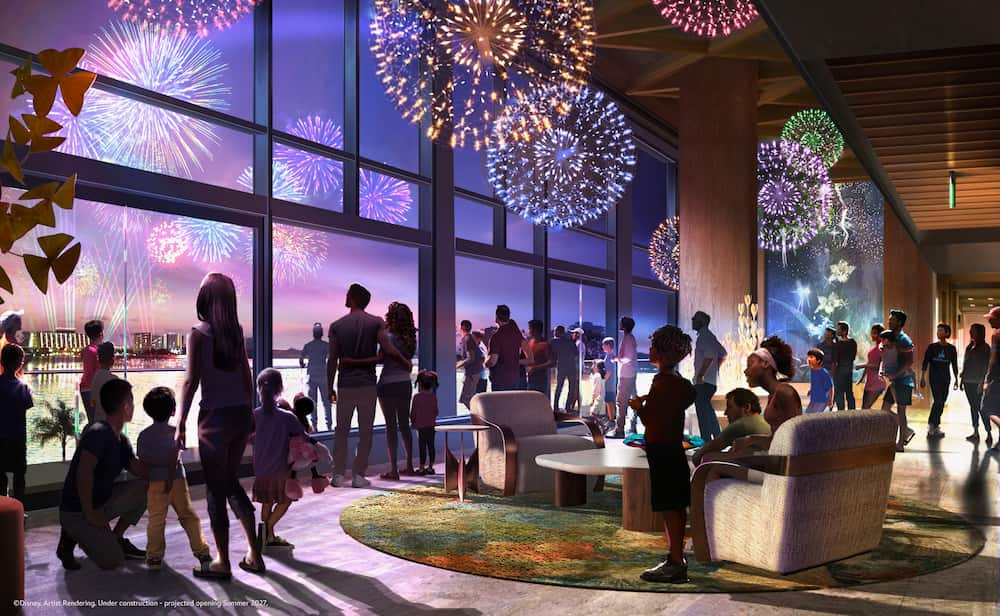 Arte conceitual do Dandelion Terrace com vista aos fogos no novo futuro hotel da Disney que inaugura em 2027 o Disney Lakeshore Lodge