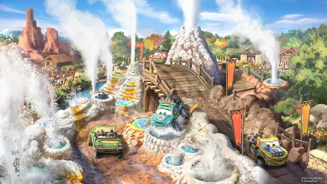 Arte conceitual mostra detalhes da nova atração de Piston Peak, nova área de Carros no Magic Kingdom Park em Walt Disney World Resort