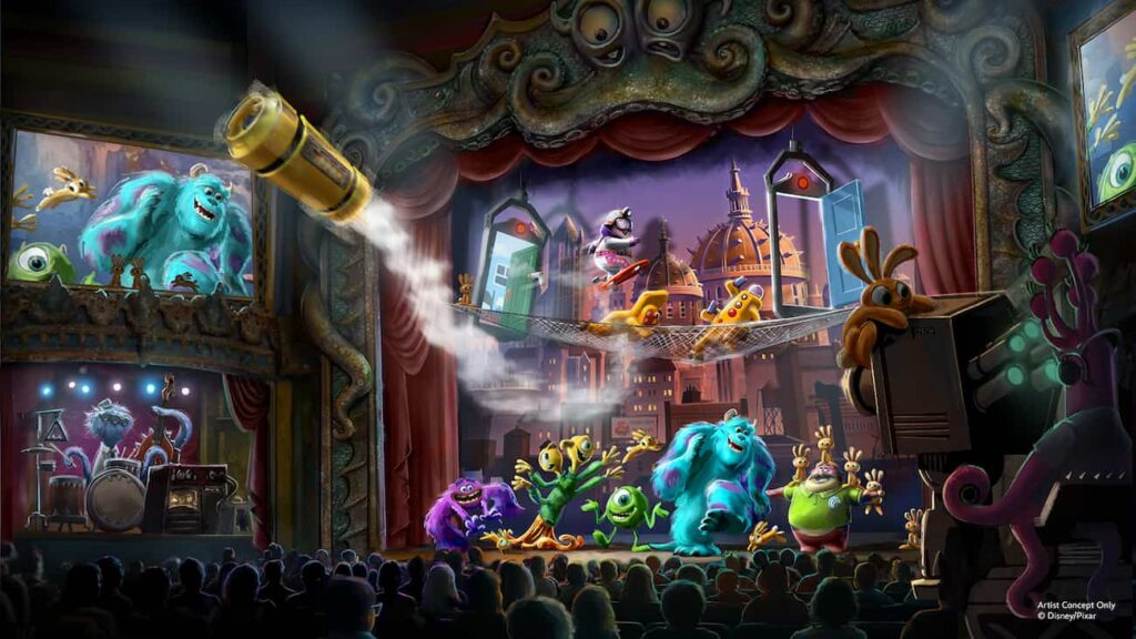 Arte conceitual de como será o novo show dos Monstros SA em mosntrópolis no Hollywood Studios
