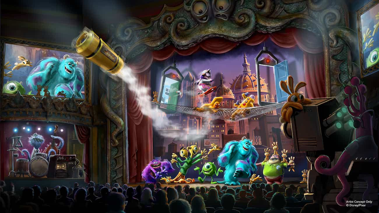 Arte conceitual de como será o novo show dos Monstros SA em mosntrópolis no Hollywood Studios