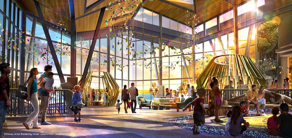 Arte conceitual do lobby do novo futuro hotel da Disney que inaugura em 2027 o Disney Lakeshore Lodge