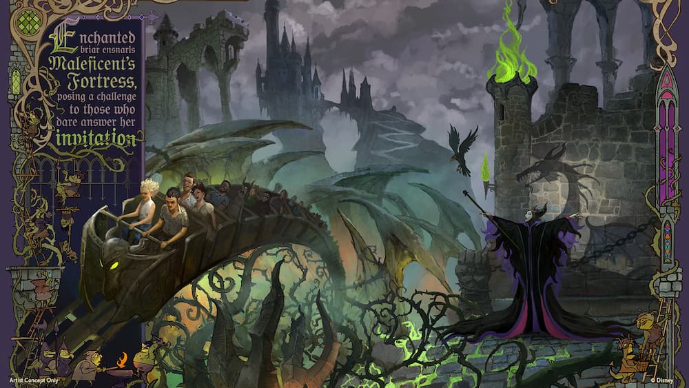 Arte conceitual de como será a futura montanha russa da Malévola na área dos vilões no Magic Kingdom a Villains Land