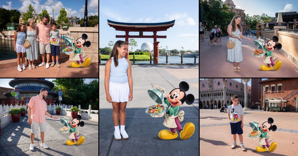 Montagem que mostra as diversas magic shots do Disney Photopass com o Mickey no Epcot durante o Food and Wine Festival