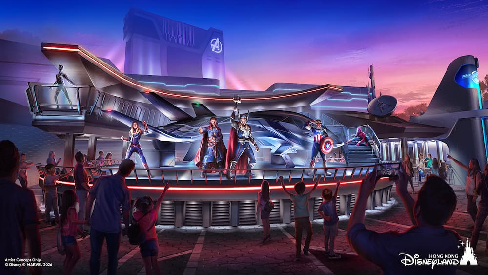Arte conceitual da área dos Vingadores na Disneyland Hong Kong