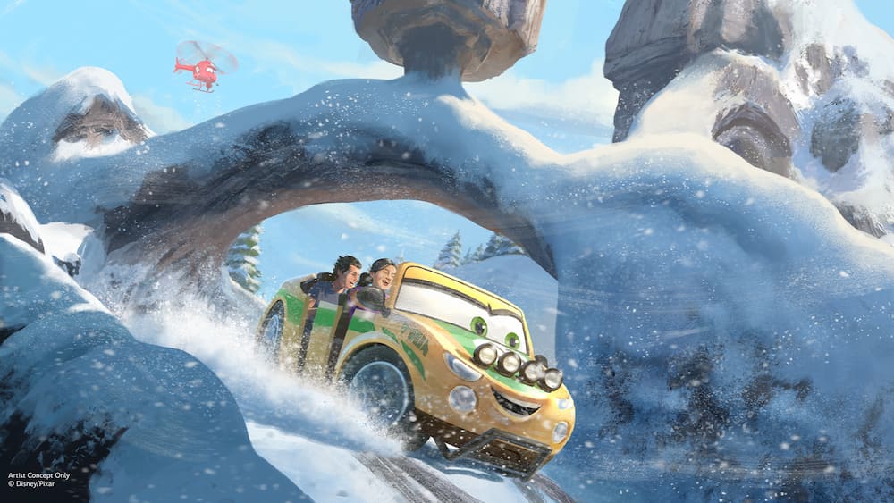 Arte conceitual mostra detalhes da nova atração de Piston Peak, nova área de Carros no Magic Kingdom Park em Walt Disney World Resort