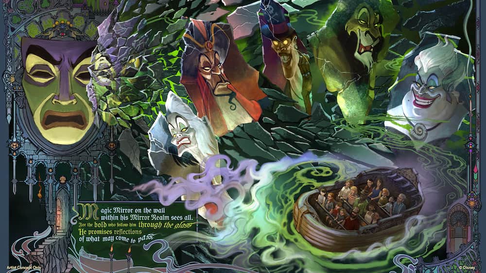 Arte conceitual de como será a futura atração Magic Mirror da Rainha Má na área dos vilões no Magic Kingdom a Villains Land