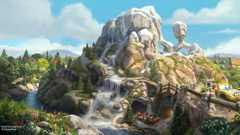 Arte conceitual mostra detalhes da nova atração de Piston Peak, nova área de Carros no Magic Kingdom Park em Walt Disney World Resort