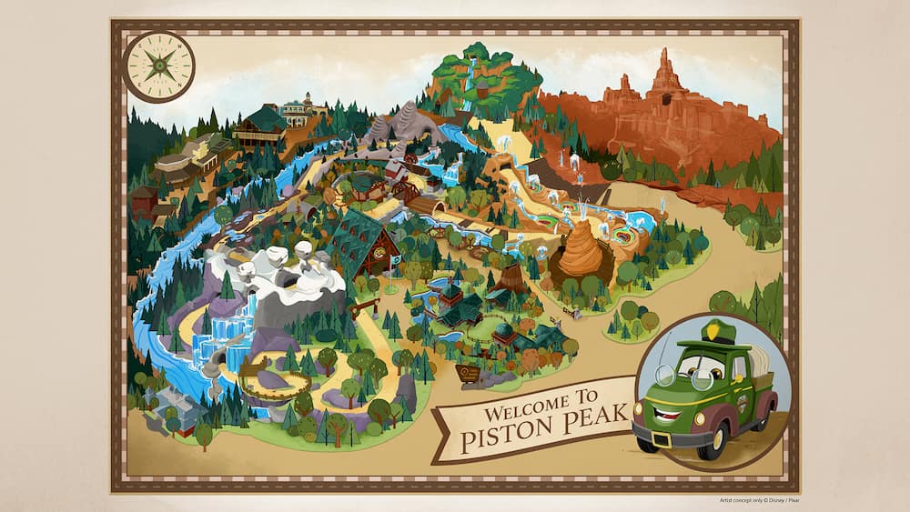 Arte conceitual idealiza mapa de Piston Peak, nova área de Carros no Magic Kingdom Park em Walt Disney World Resort