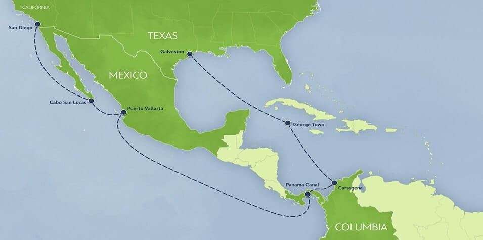 Mapa de percurso do cruzeiro de 14 noites da Disney Cruise Line que sai de San Diego e vai até Galveston passando pelo Panama