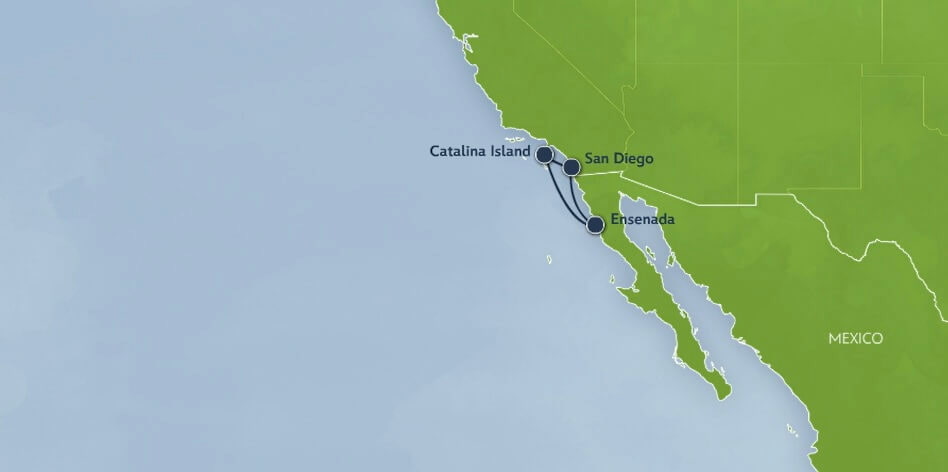Mapa de percurso do cruzeiro de 3 noites da Disney Cruise Line que sai de San Diego