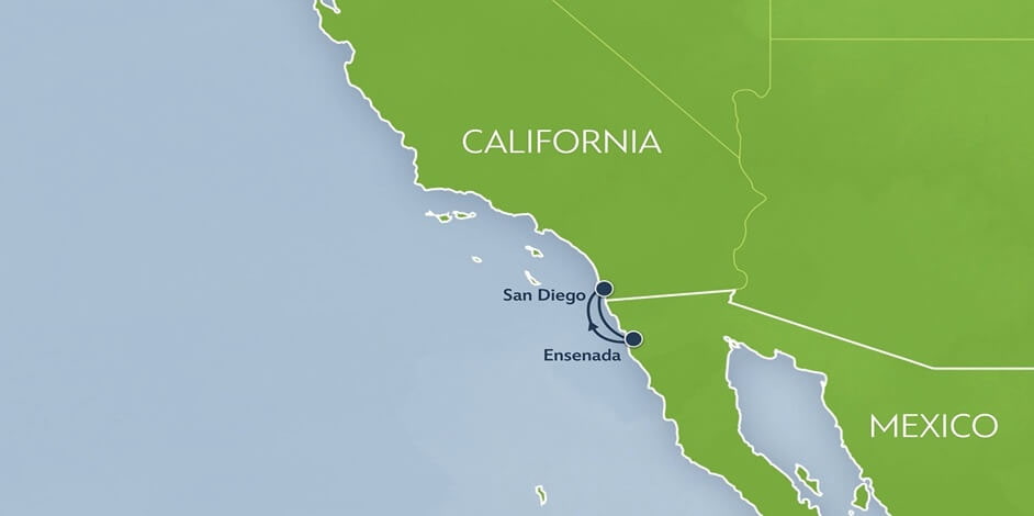 Mapa de percurso do cruzeiro de 3 noites da Disney Cruise Line que sai de San Diego
