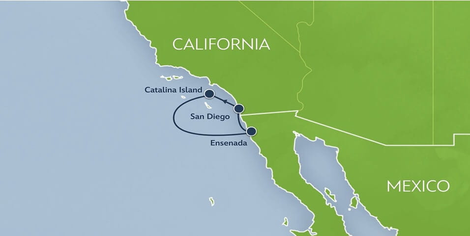 Mapa de percurso do cruzeiro de 4 noites da Disney Cruise Line que sai de San Diego