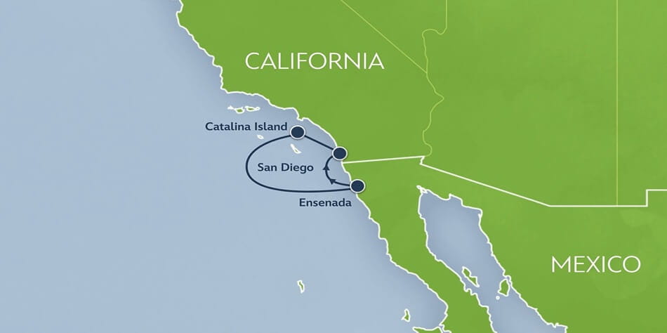 Mapa de percurso do cruzeiro de 5 noites da Disney Cruise Line que sai de San Diego
