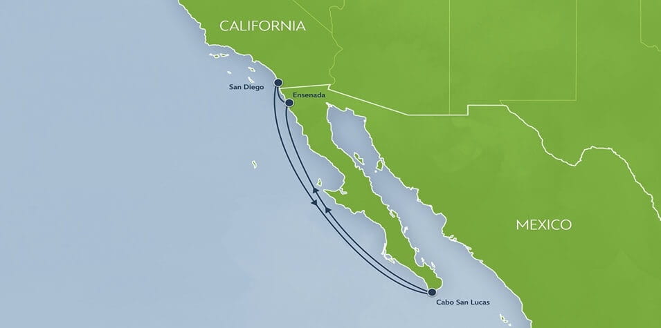 Mapa de percurso do cruzeiro de 6 noites da Disney Cruise Line que sai de San Diego