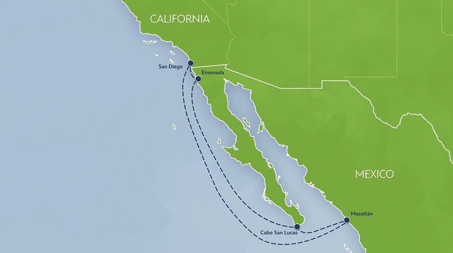 Mapa de percurso do cruzeiro de 7 noites da Disney Cruise Line que sai de San Diego