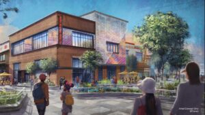 Arte conceitual de como será Disney Village na Disneyland Paris