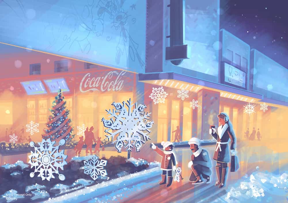 Arte conceitual de como será a decoração de natal no Disney Village na Disneyland Paris