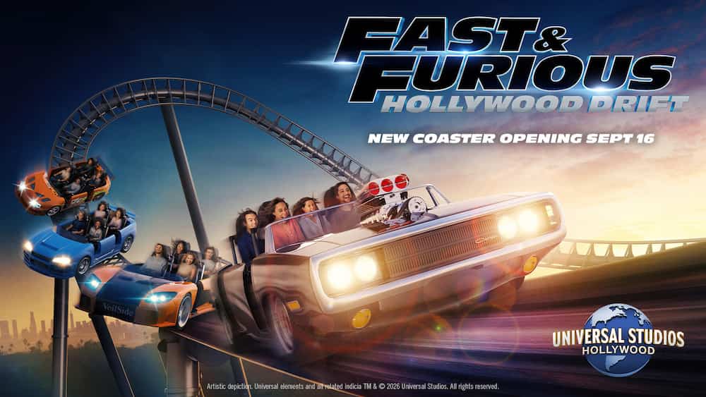 Imagem conceitual da nova montanha russa de velozes e furiosos que será inaugurada em setembro de 2026 na Universal Studios de Hollywood