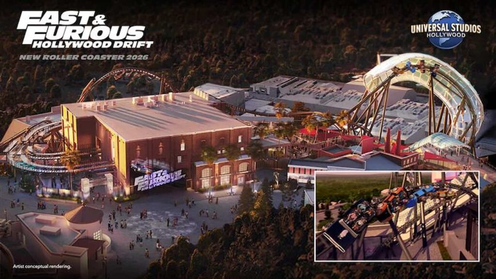 Imagem conceitual da nova montanha russa de velozes e furiosos que será inaugurada em setembro de 2026 na Universal Studios de Hollywood
