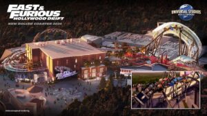 Imagem conceitual da nova montanha russa de velozes e furiosos que será inaugurada em setembro de 2026 na Universal Studios de Hollywood