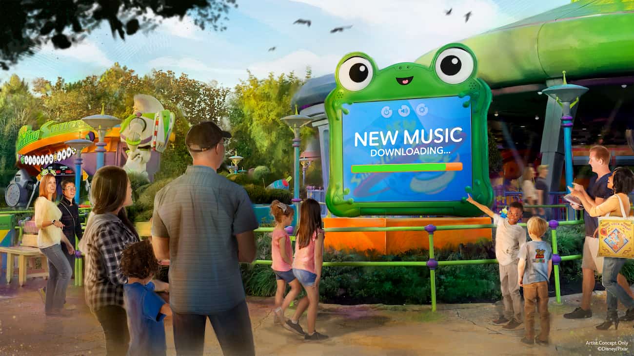 Lilypad chega a Alien Swirling Saucers no Hollywood Studios para animar ainda mais a atração com músicas de Toy Story