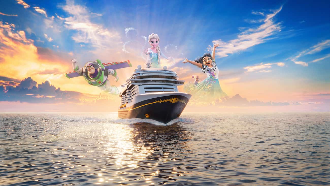 Imagem ilustrativa do novo navio da Disney Cruise Line, o Believe traz Buzz Lightyear, Elsa e Mirabel como representantes