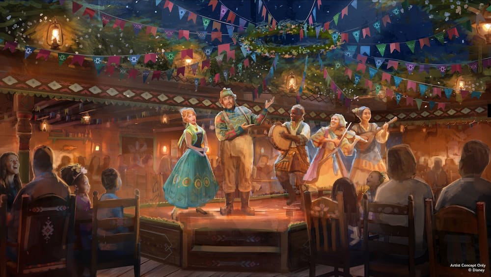 Arte conceitual de como será o restaurante Oakens Table temático de Frozen no Disney Believe