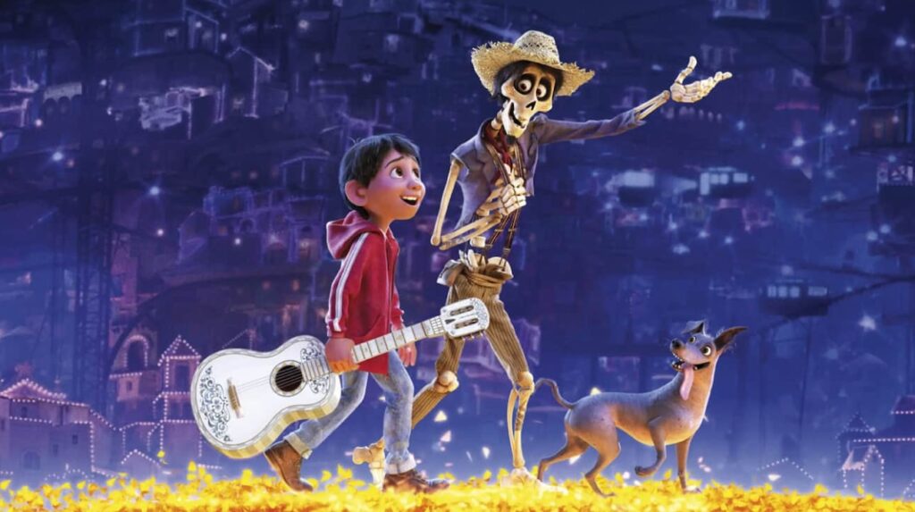 Miguel e Hector no mundo de los muertos no filme Viva a Vida é Uma Festa