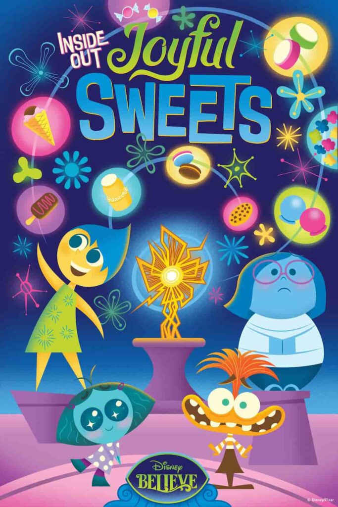 Poster da loja de doces de divertidamente que estará disponível no navio Disney Believe