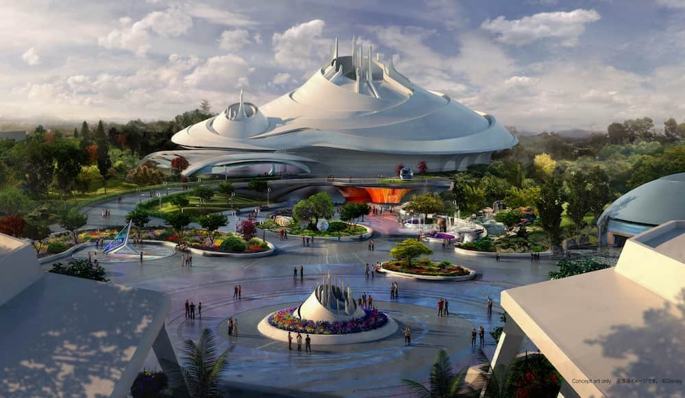 Arte conceitual de como será a fachada da atração Space Mountain reimaginada na Disneyland Tokyo