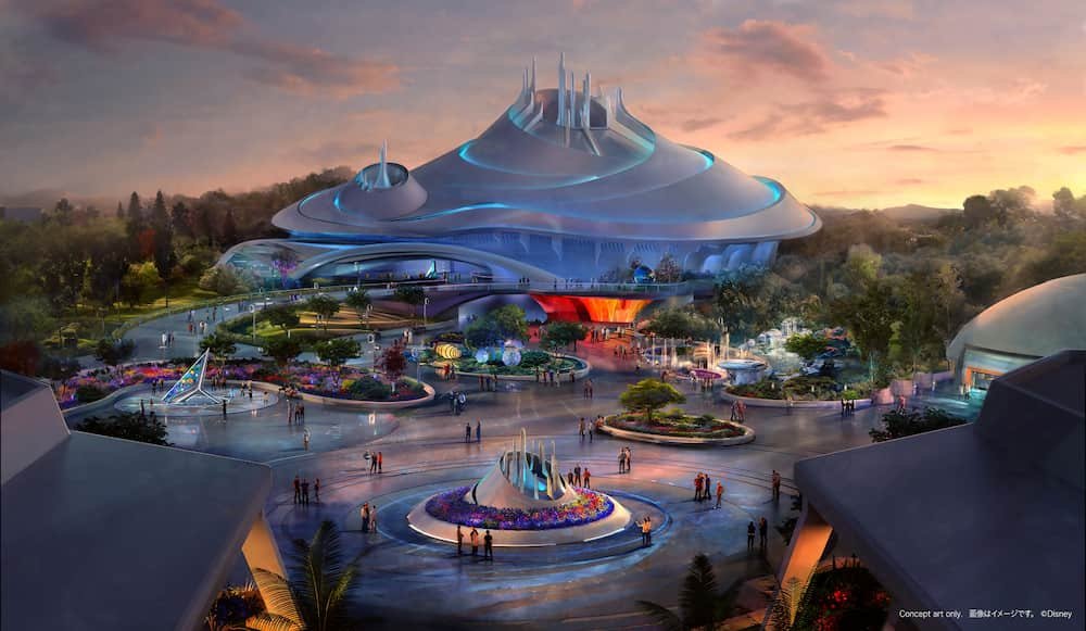 Arte conceitual de como será a fachada da atração Space Mountain reimaginada na Disneyland Tokyo