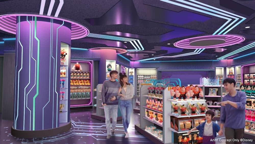 Arte conceitual de como será a loja e os merchandisings da atração do detona Ralph na Disneyland Tokyo