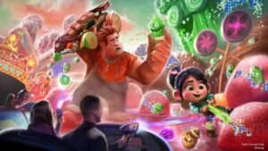 Arte conceitual de como será a atração Wreck it Ralph, do filme Detona Ralph, a Sugar Rush na Disneyland Tokyo